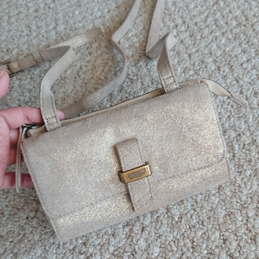 American Leather Co beige and Gold tone leather Crossbody Bag